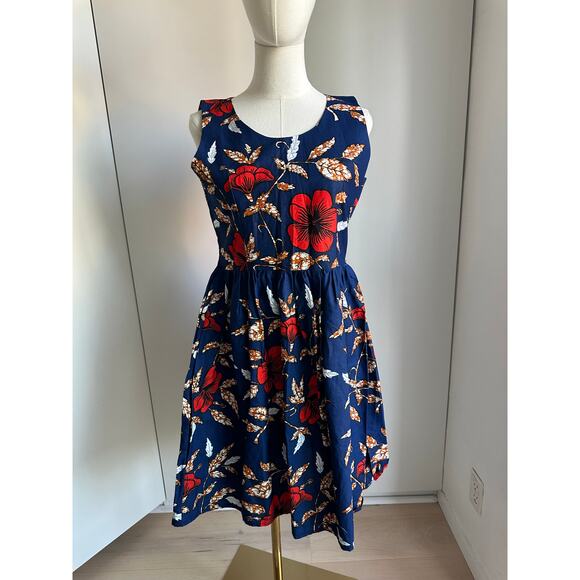 Vintage Handmade Dress Hawaiian hibiscus Print Knee Length Size Small Blue Red - Picture 6 of 9